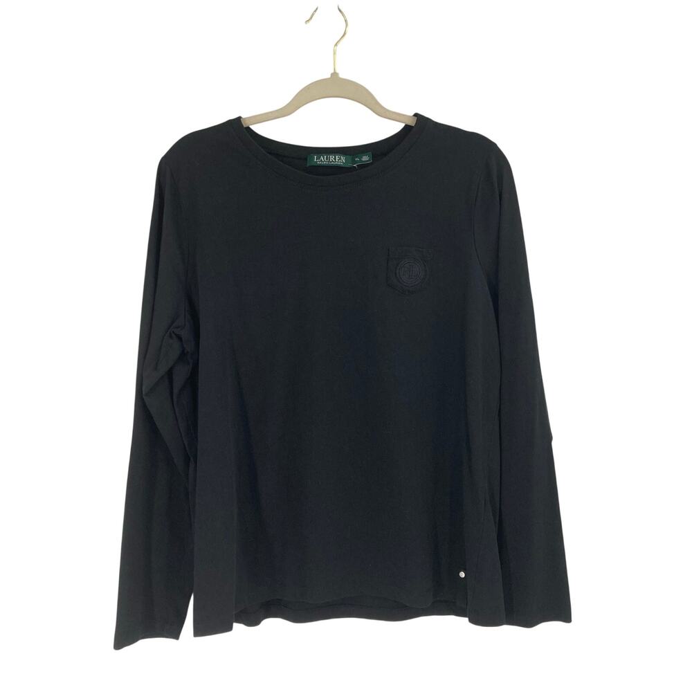 Lauren Ralph Lauren Embroidered Crest Pocket Black Long Sleeve Cotton Top XL